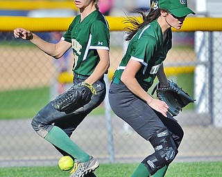 Jeff Lange | The Vindicator  WED, APRIL 20, 2016 - Left fielder Lorraine Fitzgerald (right) and center fielder Caroline Aey (left) have trouble fielding a ball hit to left center field in the fifth inning of Wednesday's game in Boardman.