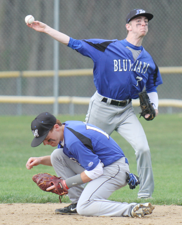 William d Lewis The vindicator  JM's Eric Ostrowski(7) throws to first as Branden Nagy(13) ducks. Out at first is SR's Anthony Ritter(9) during 1rst inning of 4-22 game.