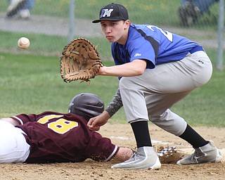 William d Lewis the Vindicator Jackson Milton's Clayton Maskarinec(22) waits for the throw as SR'sJared Bajerski(18) gets back to first duirng a pick off attempt during 4-22-16 game at JM.