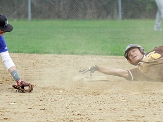 William d Lewis The Vindicator  SR's Travis Baxter(8) steals 2nd as Jackson Milton's Branden Nagy(13 tries to make the tag during 4-22-16 game at JM.