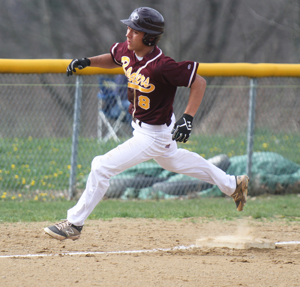 William D Lewis The Vindicator  SR's Travis Baxter(8) rounds third headed to home to score in  1rst inning of 4-22-16  win ov3r JAckson Miltopn.