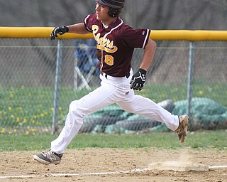 William D Lewis The Vindicator  SR's Travis Baxter(8) rounds third headed to home to score in  1rst inning of 4-22-16  win ov3r JAckson Miltopn.
