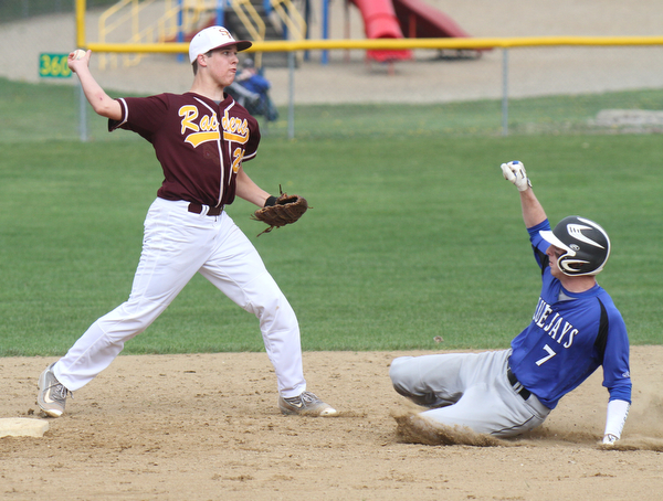 William d Lewis the Vindicator  Jackson Milton's Eric Ostrowski (chk spelling)(7) is out at 2nd as SR's Brandon Youngs(27)  makes the throw to first for a double play ending the second inning during 4-22-16 game at Jackson Milton. SR won 7-3.