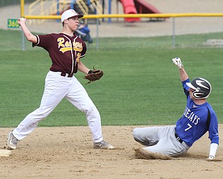 William d Lewis the Vindicator  Jackson Milton's Eric Ostrowski (chk spelling)(7) is out at 2nd as SR's Brandon Youngs(27)  makes the throw to first for a double play ending the second inning during 4-22-16 game at Jackson Milton. SR won 7-3.