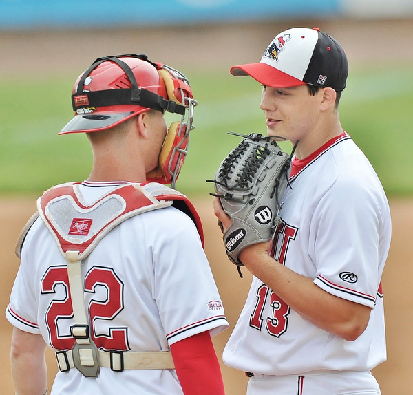 Jeff Lange | The Vindicator  FRI, APRIL 22, 2016 - YSU pitcher Jesse Slinger (right) has a meeting at the mound with catcher Jonny Miller in the second inning of Friday's game in Niles.