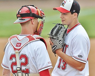 Jeff Lange | The Vindicator  FRI, APRIL 22, 2016 - YSU pitcher Jesse Slinger (right) has a meeting at the mound with catcher Jonny Miller in the second inning of Friday's game in Niles.