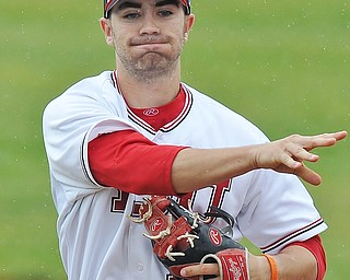 Jeff Lange | The Vindicator  FRI, APRIL 22, 2016 - YSU second baseman Billy Salem makes a throw to first in the third inning of Friday's game in Niles.