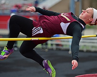 AUSTINTOWN, OHIO - APRIL 23, 2016: Hannah Ferenchak of South Range clears the bar during her flight of the girls high jump during the 103rd Annual Mahoning County Track & Field Championships. DAVID DERMER | THE VINDICATOR