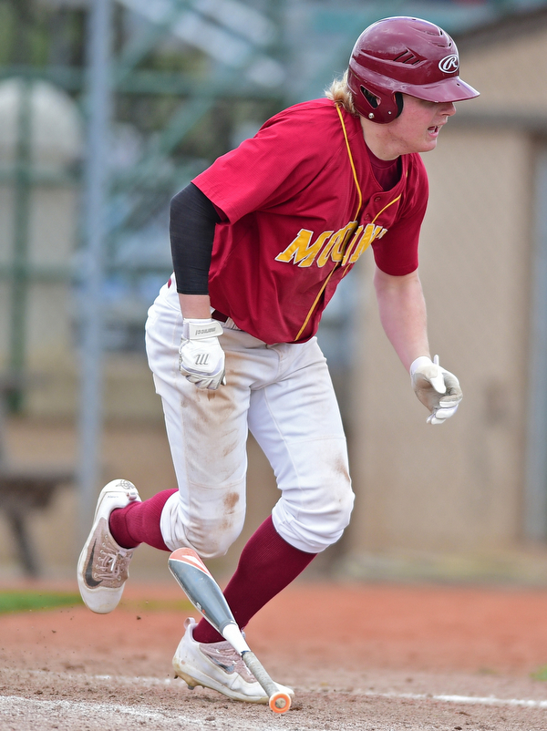 STRUTHERS, OHIO - APRIL 23, 2016: Bryce Richey #8 of Mooney sprints to first after a RBI base hit in the bottom of the 5th inning during Saturday afternoons game at Cene Park. Mooney won 6-3. DAVID DERMER | THE VINDICATOR