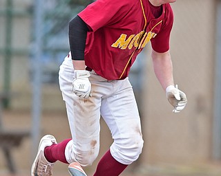 STRUTHERS, OHIO - APRIL 23, 2016: Bryce Richey #8 of Mooney sprints to first after a RBI base hit in the bottom of the 5th inning during Saturday afternoons game at Cene Park. Mooney won 6-3. DAVID DERMER | THE VINDICATOR
