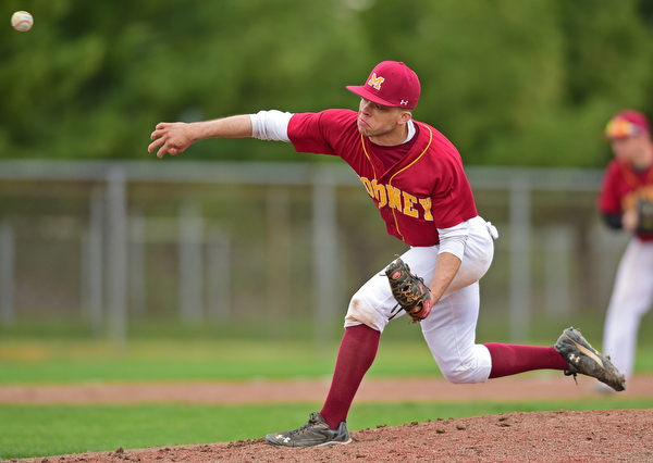 STRUTHERS, OHIO - APRIL 23, 2016: Pitcher Devin Curd # 2 of Mooney throws a pitch during the 6th inning during Saturday afternoons game at Cene Park. Mooney won 6-3. DAVID DERMER | THE VINDICATOR
