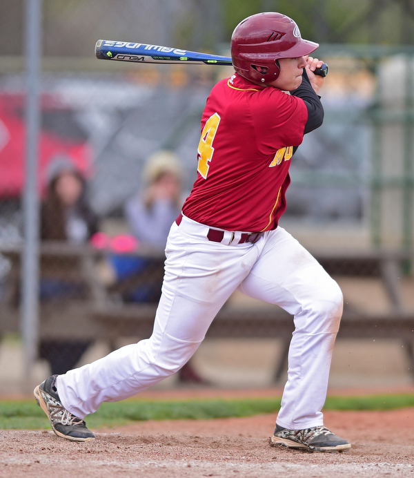 STRUTHERS, OHIO - APRIL 23, 2016: Gino Guerrieri #4 of Mooney leaves the batters box after a single in the 6th inning during Saturday afternoons game at Cene Park. Mooney won 6-3. DAVID DERMER | THE VINDICATOR