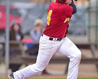 STRUTHERS, OHIO - APRIL 23, 2016: Gino Guerrieri #4 of Mooney leaves the batters box after a single in the 6th inning during Saturday afternoons game at Cene Park. Mooney won 6-3. DAVID DERMER | THE VINDICATOR