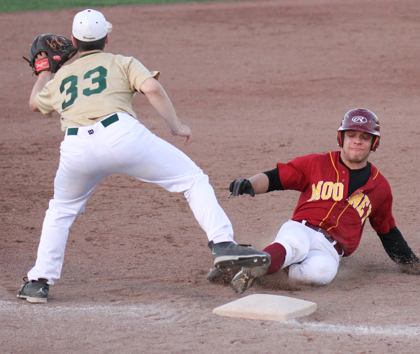 William D Lewis  The Vindicator Mooney's (2) is safe at 3rd while Ursuline's (33) waits for the throw during 6 th inning at Cene 4-24-16.
