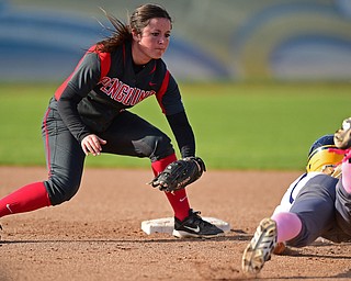 KENT, OHIO - APRIL 27, 2016: Katie Smallcomb #5 of YSU prepares to tag out Sydney Anderson #4 of Kent State while she attempts to steal second base in the second inning of game two Wednesday night at the Diamond at Dix. Kent State won game two 3-2. DAVID DERMER | THE VINDICATOR
