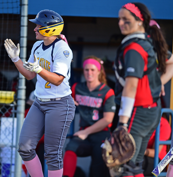 KENT, OHIO - APRIL 27, 2016: Hunter Brancifort #2 of Kent State celebrates after scoring the go ahead run in the sixth inning of game two Wednesday night at the Diamond at Dix. Kent State won game two 3-2. DAVID DERMER | THE VINDICATOR..Catcher Maria Lacatena #15 of YSU pictured.