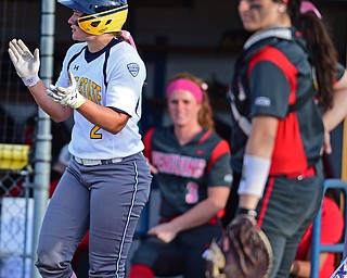 KENT, OHIO - APRIL 27, 2016: Hunter Brancifort #2 of Kent State celebrates after scoring the go ahead run in the sixth inning of game two Wednesday night at the Diamond at Dix. Kent State won game two 3-2. DAVID DERMER | THE VINDICATOR..Catcher Maria Lacatena #15 of YSU pictured.