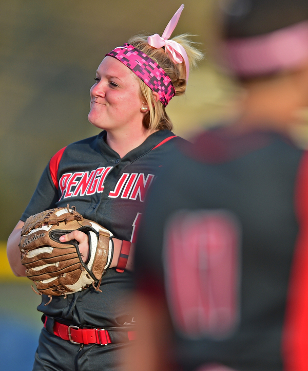 KENT, OHIO - APRIL 27, 2016: Pitcher Caitlyn Minney #1 of YSU shows her frustration after back to back hit allowed two Kent State runs to score in the sixth inning of game two Wednesday night at the Diamond at Dix. Kent State won game two 3-2. DAVID DERMER | THE VINDICATOR