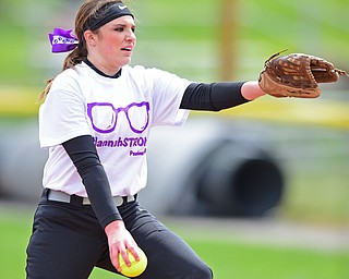 STRUTHERS, OHIO - APRIL 30, 2016: Emily Grandy #7 of Struthers throws a pitch in the third inning of Saturday mornings game against Valley Christian. She is wearing a HannahStrong shirt showing her support for Hannah Tringhese. DAVID DERMER | THE VINDICATOR