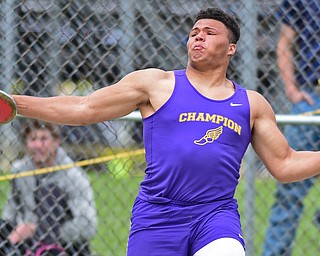 POLAND, OHIO - APRIL 30, 2016: Zach Page of Champion throws during the boys discus throw Saturday afternoon during the Poland Invitational at Poland High School. DAVID DERMER | THE VINDICATOR