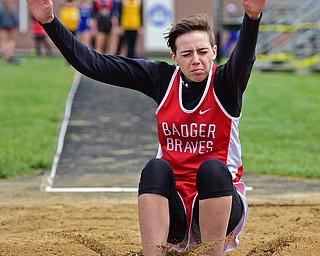 POLAND, OHIO - APRIL 30, 2016: Tori Buskirk of Badger sticks the landing in the sand during the girls long jump Saturday afternoon during the Poland Invitational at Poland High School. DAVID DERMER | THE VINDICATOR
