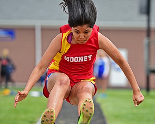 POLAND, OHIO - APRIL 30, 2016: Paolo Cardova of Mooney flies through the air during the girls long jump Saturday afternoon during the Poland Invitational at Poland High School. DAVID DERMER | THE VINDICATOR