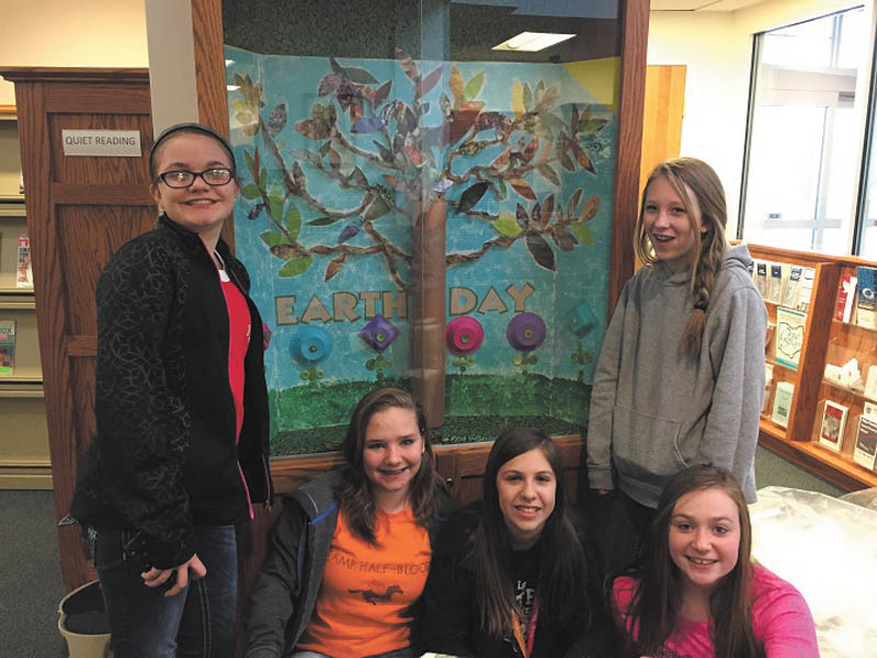SPECIAL TO THE VINDICATOR
Members of the Leetonia Schools’ Destination Imagination team recently created displays in observance of Earth Day for the Leetonia Community Public Library, 181 Walnut St. Participants included, from left, Haleigh Brock, Katie Soupal, Delaney Roller, Miya Dolan and Olivia Clark. The library sponsored a family-friendly day of outdoor games, snacks and an earth-friendly craft April 23 for all ages. 