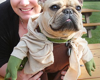 William D. Lewis The vindicator  Porsha, a French Bulldog dressed as Star Wars character Yoda, owned by Julianne Dundee of Boardman during dog event in Boardman Park 5-4-16.