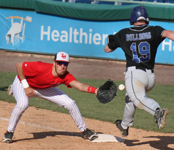William D Lewis The vindicator  Lakeview's (19) is safe at 1rst as Niles Richard Limongi (5) waits for the throw during 5-6-16 game at Eastwood.