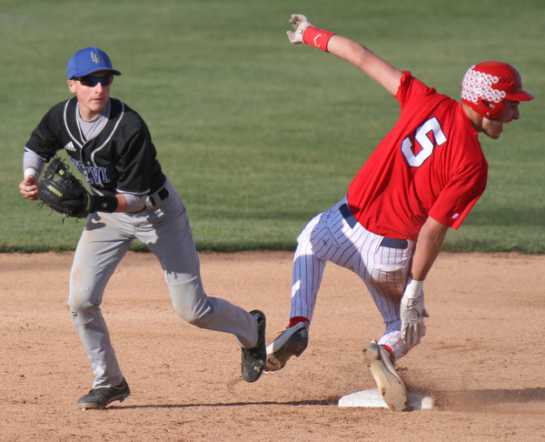 William d Lewis the Vindicator  Nile Nick Limongi(5) is safe at 2nd after LAkeview's (7) was late with the tag during 5-6-16 game at Niles
