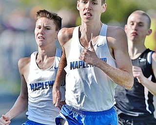 Jeff Lange | The Vindicator  THU, MAY 5, 2016 - Maplewood's Allen Sparks (right) and Tristan Dahmen run in the boys 1600 meter run during Thursday's track meet at Lakeview High School.