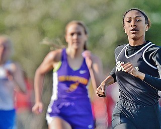 Jeff Lange | The Vindicator  THU, MAY 5, 2016 - Harding's Ka'Naylah Cox sprints to the finish line in the girls 400 meter dash during Thursday's track meet at Lakeview High School.