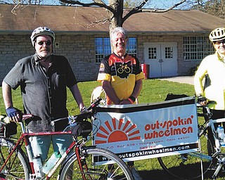 SPECIAL TO THE VINDICATOR | More than 250 cyclists from northeast Ohio and northwest Pennsylvania recently gathered for the Spring in Columbiana County event. Sponsored by the Youngstown area cycling club, Out-spokin’ Wheelmen, the event was launched from Firestone Park in Columbiana and traveled to Leetonia and Lisbon. Riders could choose routes of 30 to 60 miles. Above, from left, are Tom Cavan and Wendy Soucie of the Cleveland area, and in the center is Dave Hughes, OSW past president and SICCO chairman. For information about the club, visit its website at www.outspokinwheelmen.com.