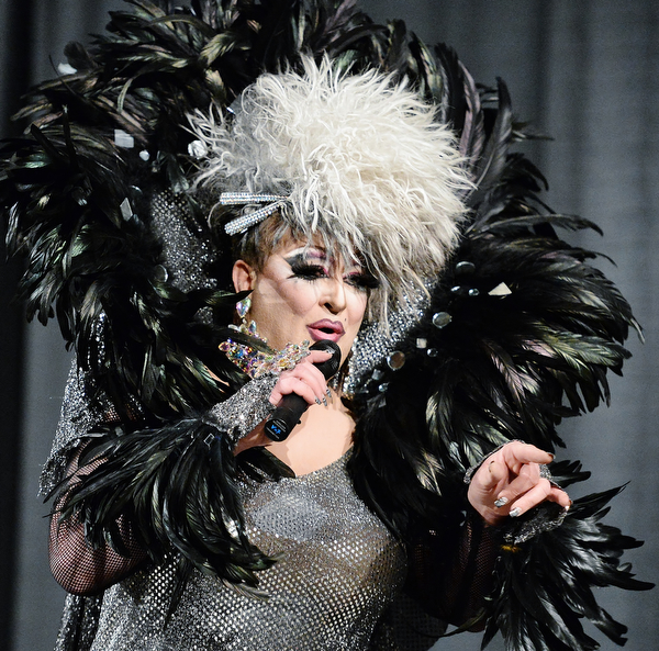 Jeff Lange | The Vindicator  FRI, MAY 6, 2016 - Mona Lotz of Ashtabula sings a medley of songs prior to the start of Friday night's Pride Pageant held at YSU Friday night.
