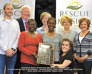 SPECIAL TO THE VINDICATOR
Above are the recent Servant’s Heart award winners for the Rescue Mission of Mahoning Valley. In front from left, are Sandy Love, Jacci Bradley and Madison Goske. In back are Rick Blair III; Jim Echement, executive director; Sharon Moser; Becky Long; and Kristi Schmitz.