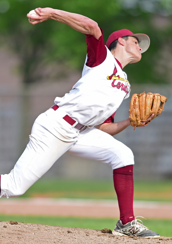 STRUTHERS, OHIO - MAY 10: 2016: Pitcher Jack Lynch #14 of Mooney throws a pitch in the second inning of Tuesday afternoons game at Cene Park. Mooney won 6-3. DAVID DERMER | THE VINDICATOR