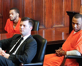   ROBERT K YOSAY | THE VINDICATOR..Victims statements...  are read as Hakeem and Austin listen..Sentencing of Michael Austin and Hakeem Henderson.The Honorable Judge John DurkinÕs courtroom, Mahoning County Common Pleas Cour.Austin was convicted of four counts of murder; Henderson was convicted of two counts of murder... .--30-