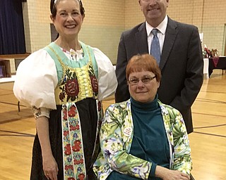 SPECIAL TO THE VINDICATOR
Youngstown Mayor John McNally presented a declaration celebrating April as Eastern European Month in Ohio at the Eastern European Month Celebration that took place April 5 at the Polish American Cultural Center in Cleveland. The Honorable Jurcek Zmauc, former Slovenian Consul General in Cleveland, was the speaker. Eastern European Congress of Ohio culturally unites the people of Ohio whose ancestry and heritage are from Eastern Europe and include Polish, Slovak, Hungarian, Russian, Czech, Ukrainian, Greek, Serbian, Croatian and Slovenian peoples. Mayor McNally’s declaration honors all Eastern European Ohio Citizens for their contributions throughout the Mahoning Valley and the State of Ohio and for their dedication toward preserving the Eastern European heritage and traditions in our community. Above, standing from left, are Laurel Tombazzi in the Carpatho-Rusyn folk outfit, president of the Eastern European Congress of Ohio, and Mayor McNally. Sitting is Loretta Ekoniak, president of the American Slovak Cultural Association.