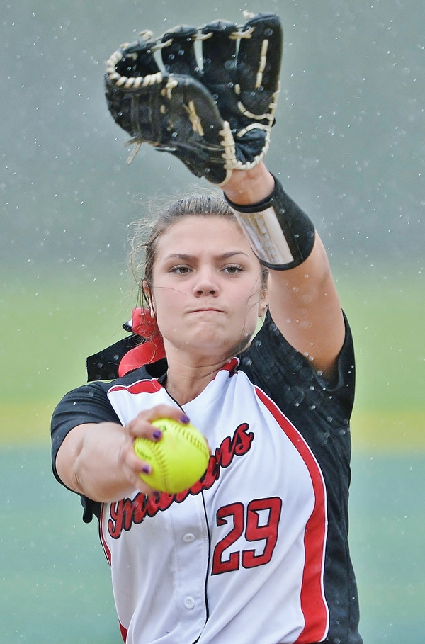Jeff Lange | The Vindicator WED, MAY 11, 2016 - Girard starting pitcher Karlee Byrne winds up a pitch in the first inning of Wednesday's game at Lakeview High School.