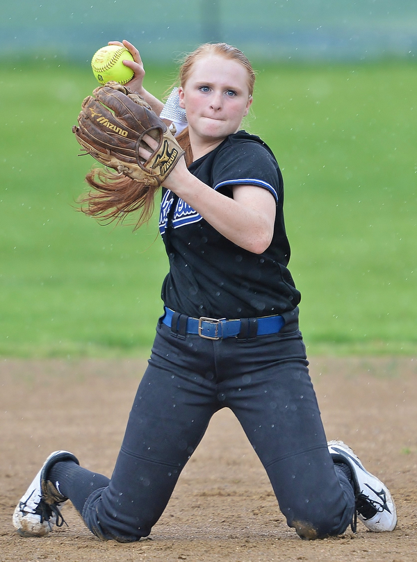 Jeff Lange | The Vindicator WED, MAY 11, 2016 - Lakeview shortstop Avrey Steiner looks to make a throw to first from her knees early in Wednesday's game against Girard at Lakeview High School.