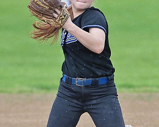 Jeff Lange | The Vindicator WED, MAY 11, 2016 - Lakeview shortstop Avrey Steiner looks to make a throw to first from her knees early in Wednesday's game against Girard at Lakeview High School.
