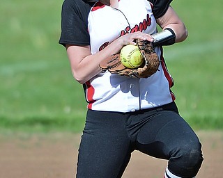 Jeff Lange | The Vindicator WED, MAY 11, 2016 - Girard shortstop Melanie Bakes fields an infield hop in the fourth inning of Girard's softball game at Lakeview High School Wednesday afternoon.