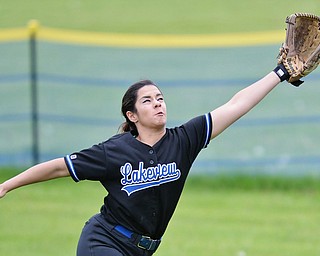 Jeff Lange | The Vindicator WED, MAY 11, 2016 - Lakeview right fielder McKenna Cannon attempts to catch a fly ball in the sixth inning of the Bulldogs' game against Girard at Lakeview High School on Wednesday.