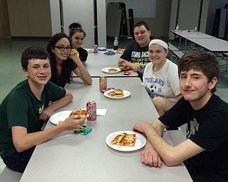 SPECIAL TO THE VINDICATOR
On April 17 Holy Family Youth Ministry hosted the Diocesan “Pray and Play” event in conjunction with World Day of Prayer for Vocations. The afternoon included an hour of Adoration celebrated by the Rev. John Sheridan, pastor of St. Joseph/St. Andrew parishes in Jefferson, Ohio. Music was provided by Gina Fire. After Adoration, pizza, pop, chips and candy were served followed by games of basketball and kickball with the Revs. Sheridan and Shawn Conoboy, pastor of Christ the Good Shepherd Church, Campbell. Members of Holy Family Youth Ministry enjoying pizza and snacks, from left, are Stephen Babik, Viktorya Lange, Marissa Mangino, Colin McDonald, Alena Argiro and Mark Stein.