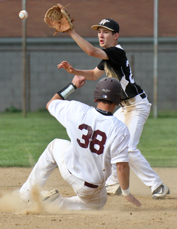 Williiam D Lewis the vindicator Boardman's Lou Cardona(38) is safe at 2nd while Harding's Nicholas Fitzgerald loses the ball. A run scored on this play.