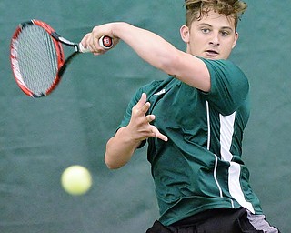 Jeff Lange | The Vindicator  SAT, MAY 14, 2016 - Ursuline's Les Horvath hits the ball back over the net during a match against Lakeview's Zack Teffner Saturday morning at Boardman Tennis Center.