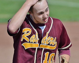 Jeff Lange | The Vindicator  MON, MAY 16, 2016 - South Range starting pitcher Greg Dunham expresses his frustration during Monday's 4-0 loss to Canton Central Catholic in the DIII district semifinal at Cene Park.