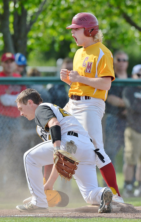 Jeff Lange | The Vindicator  MON, MAY 16, 2016 - Mooney's Bryce Richey (top) celebrates at third after sliding safely to the bag as Crestview third baseman Kaden Davis stands to his feet in the fourth inning of a district semifinal at Cene Park.