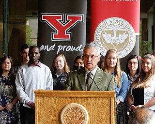   ROBERT K YOSAY | THE VINDICATOR..Youngstown State University President Jim Tressel announced this morning a $1 million gift from Shorty and Elba Lillian Navarro.. .--30-