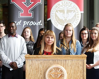   ROBERT K YOSAY | THE VINDICATOR..Youngstown State University President Jim Tressel announced this morning a $1 million gift from Shorty and Elba Lillian Navarro.. Amanda Cutlip of Austintown, a junior who works at the Center for Student Success at YSU..--30-